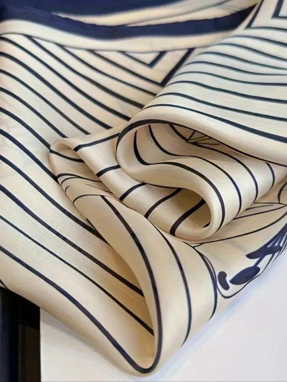 Silk-feel Elegant Cream & Navy  Scarf - Women Accessories